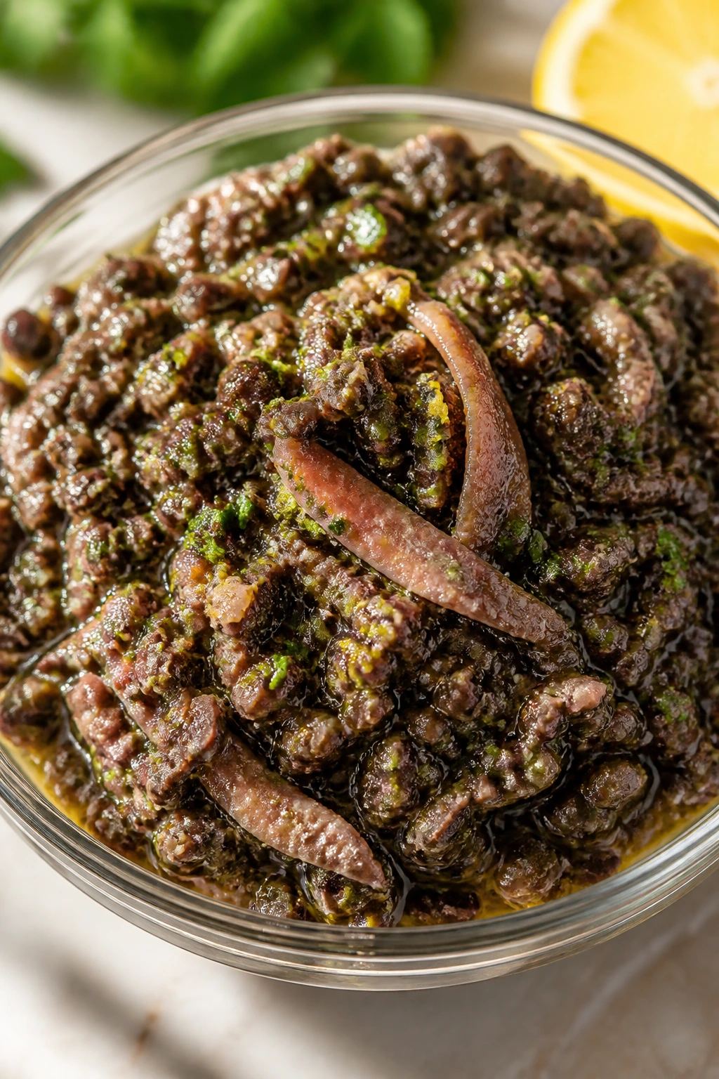 Coarse olive tapenade with anchovy and parsley in a bowl