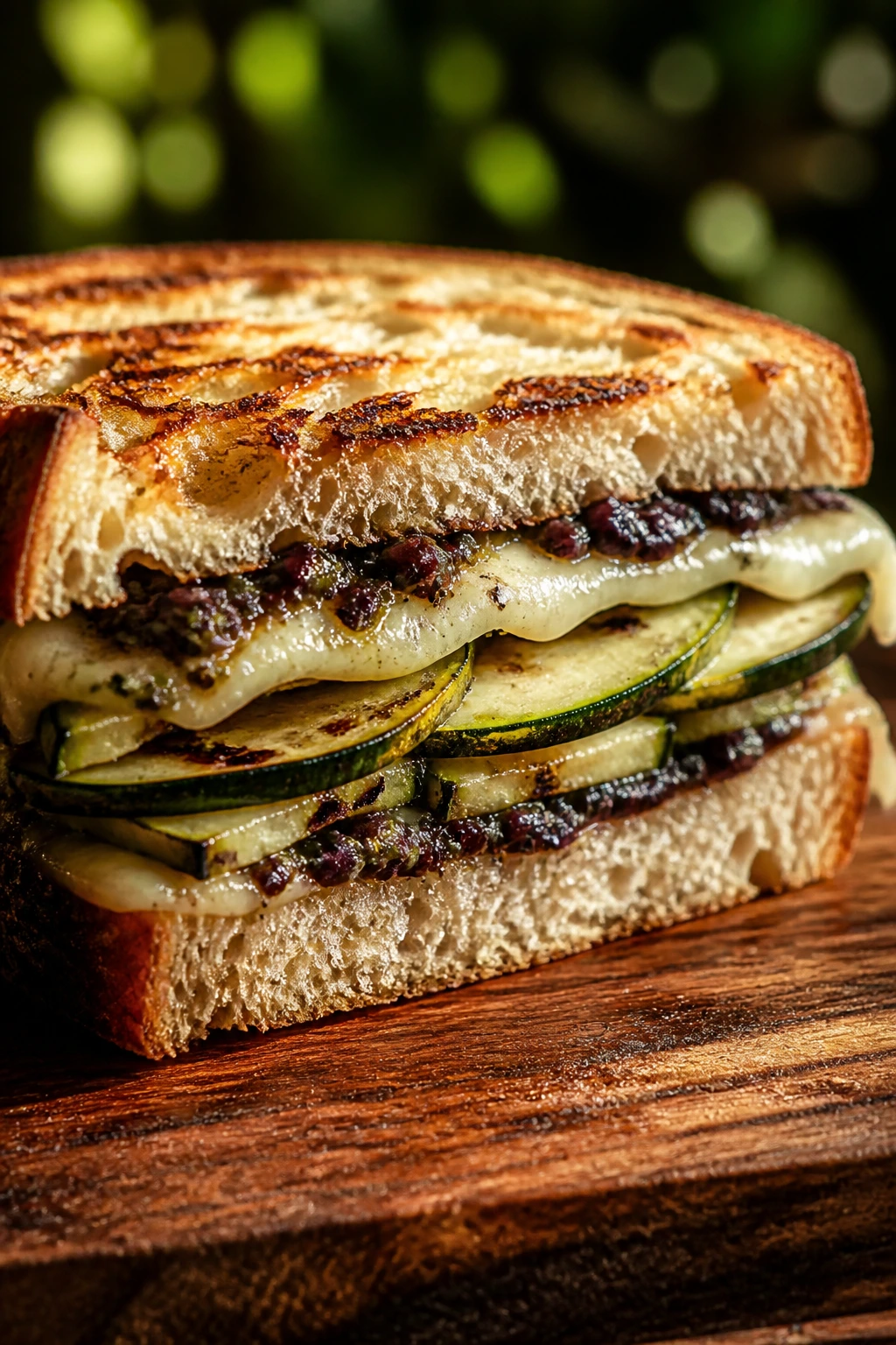 Close-up of olive tapenade and grilled zucchini sandwich outdoors on rustic bread