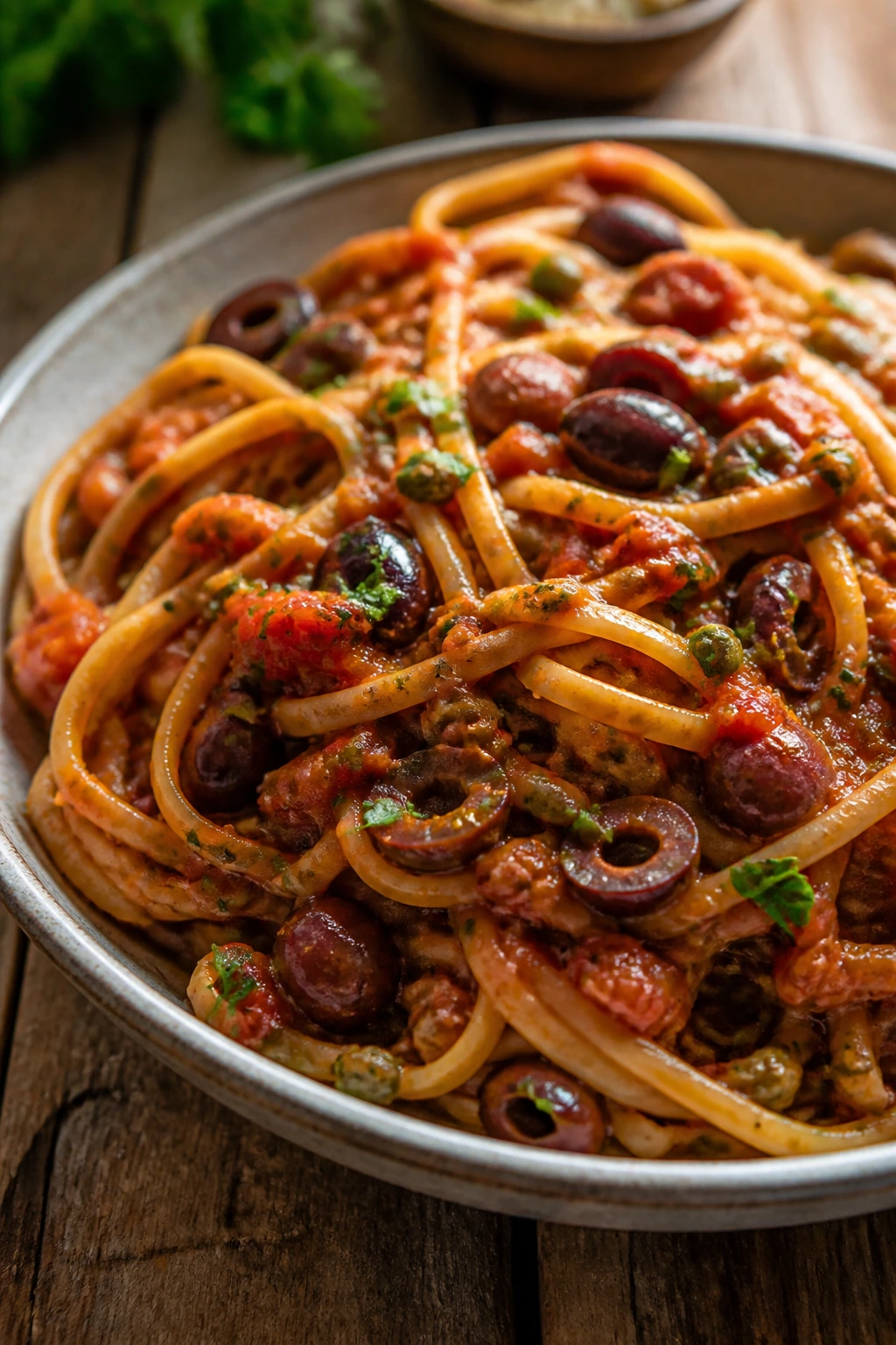 Pasta with olive-tomato sauce close-up.