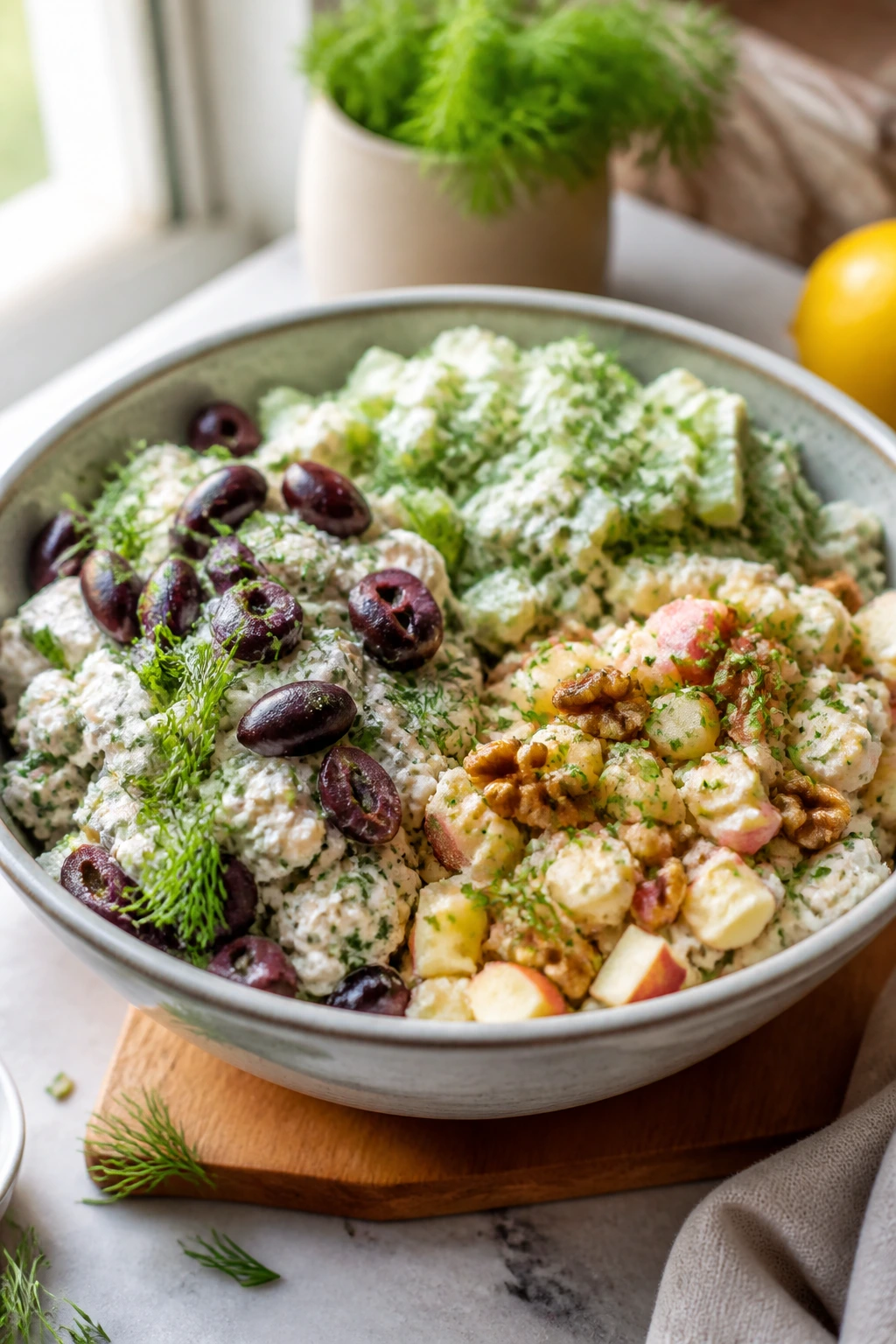 Mediterranean olive-infused chicken salad in a bowl