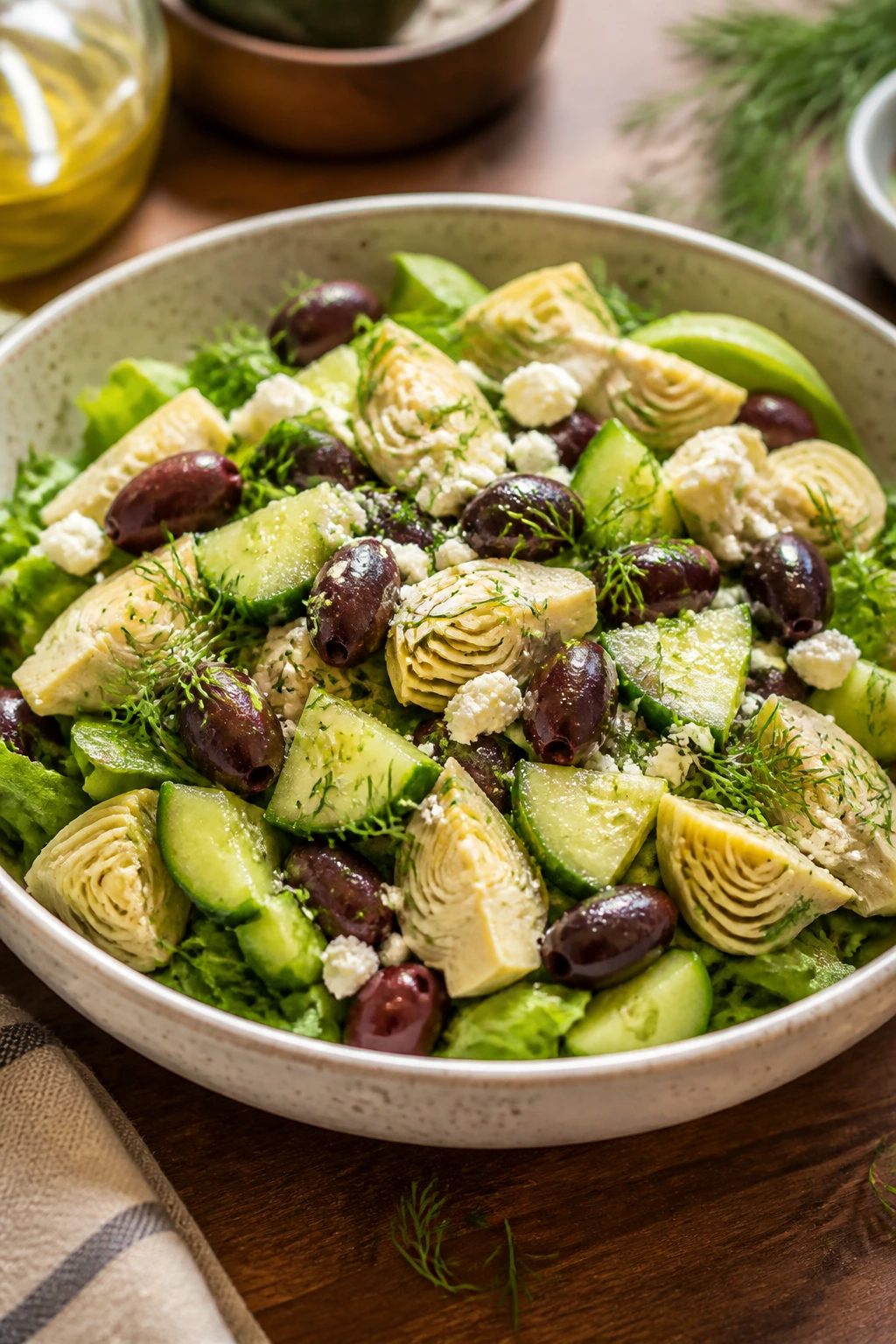 Mediterranean Market Salad bowl with olives, cucumber, artichokes and dill.