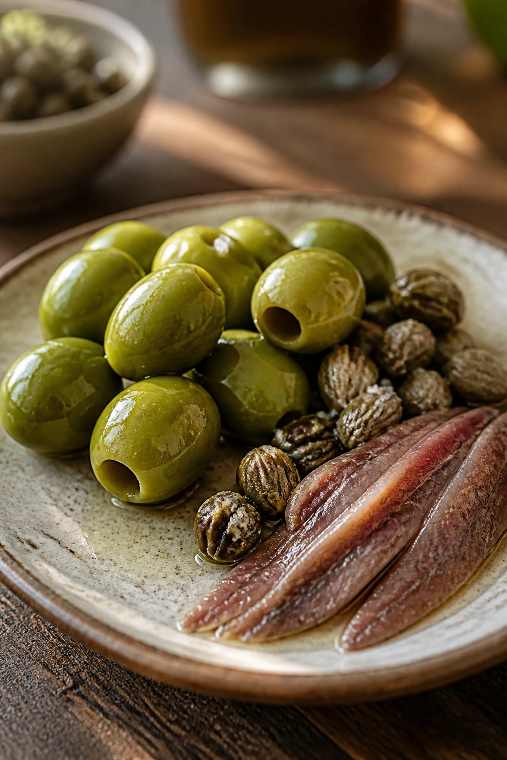 Olives capers and anchovies on a rustic plate in a warm kitchen