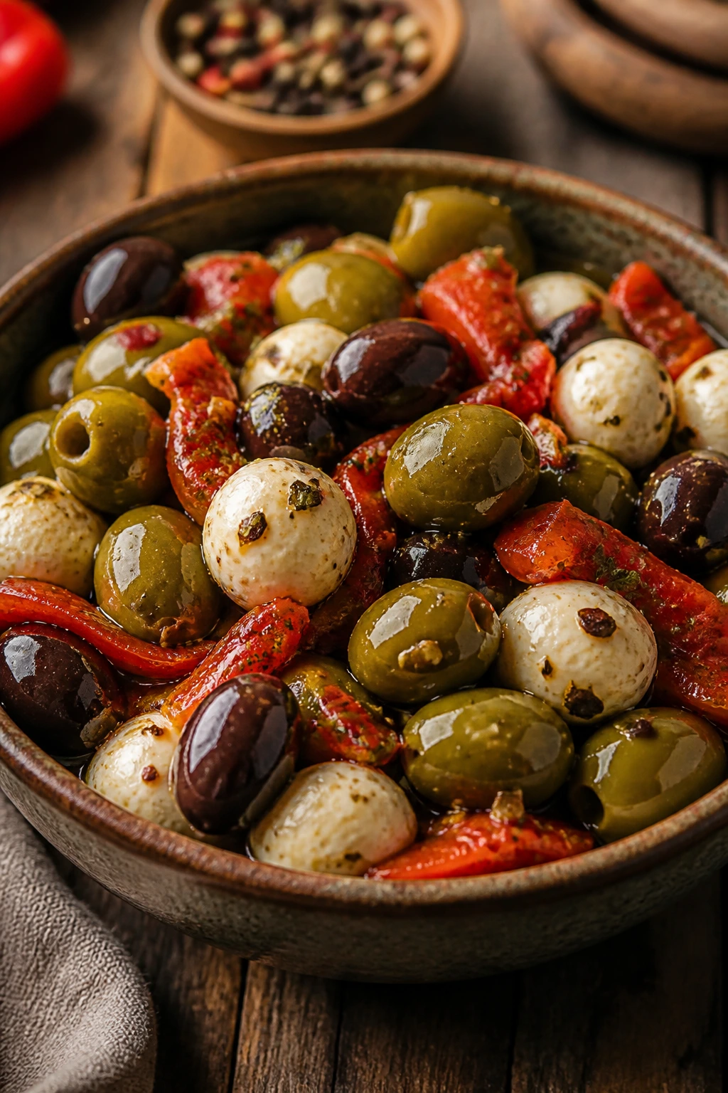 Marinated olives with mozzarella and roasted peppers in bowl
