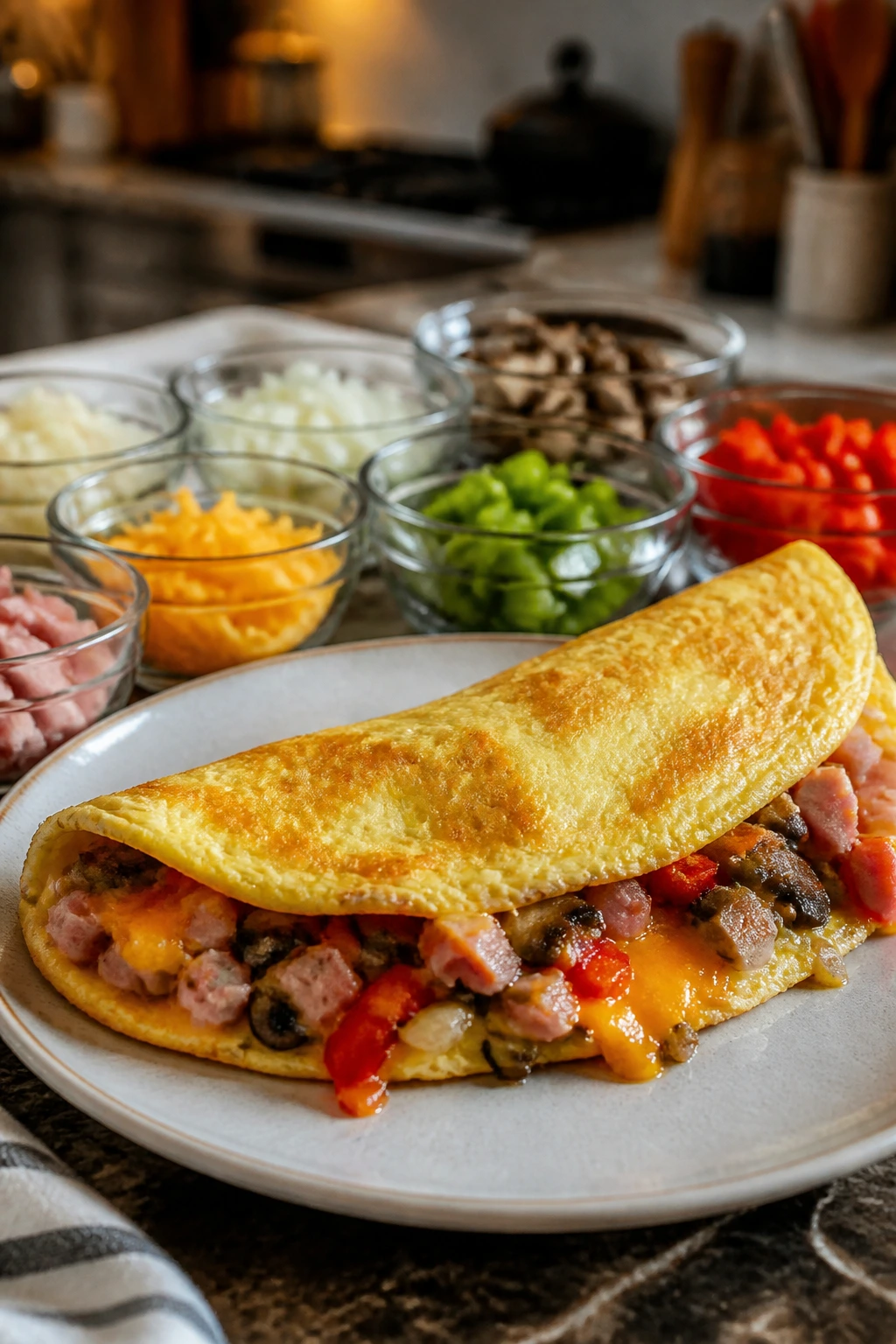 Close-up of omelet with fillings at an omelet bar