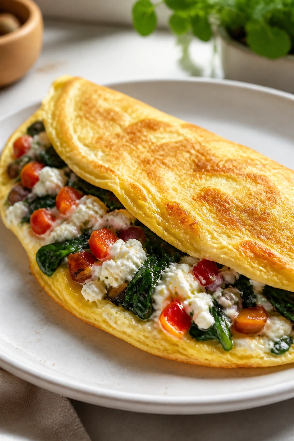 Omelet stuffed with cottage cheese and veggies on a plate