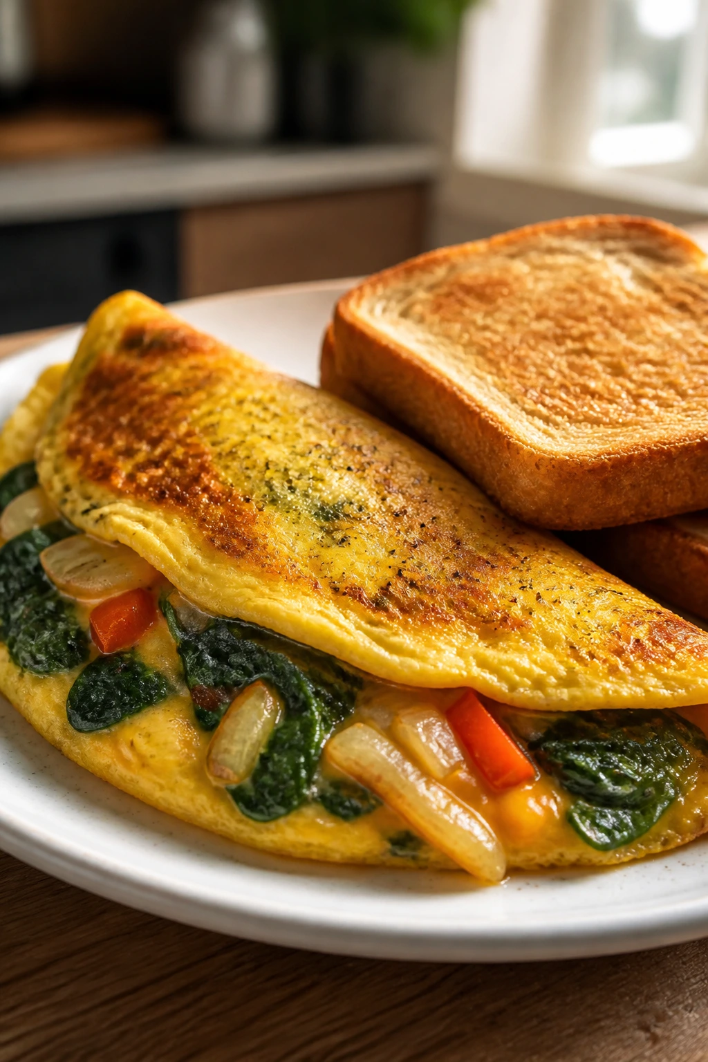 Close-up of veggie omelet with spinach and onions on a plate with toast