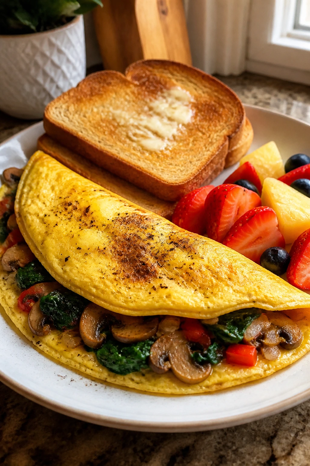 Close-up of veggie omelet with toast and fruit