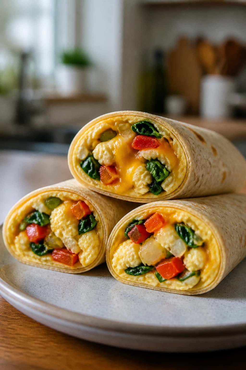 Three veggie omelet wraps on a plate with colorful vegetables and cheese