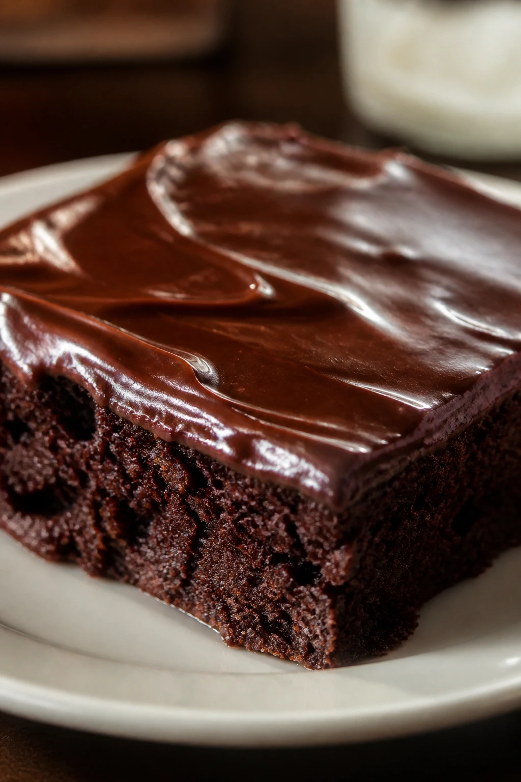 Close-up of a glossy one-bowl chocolate snack cake slice