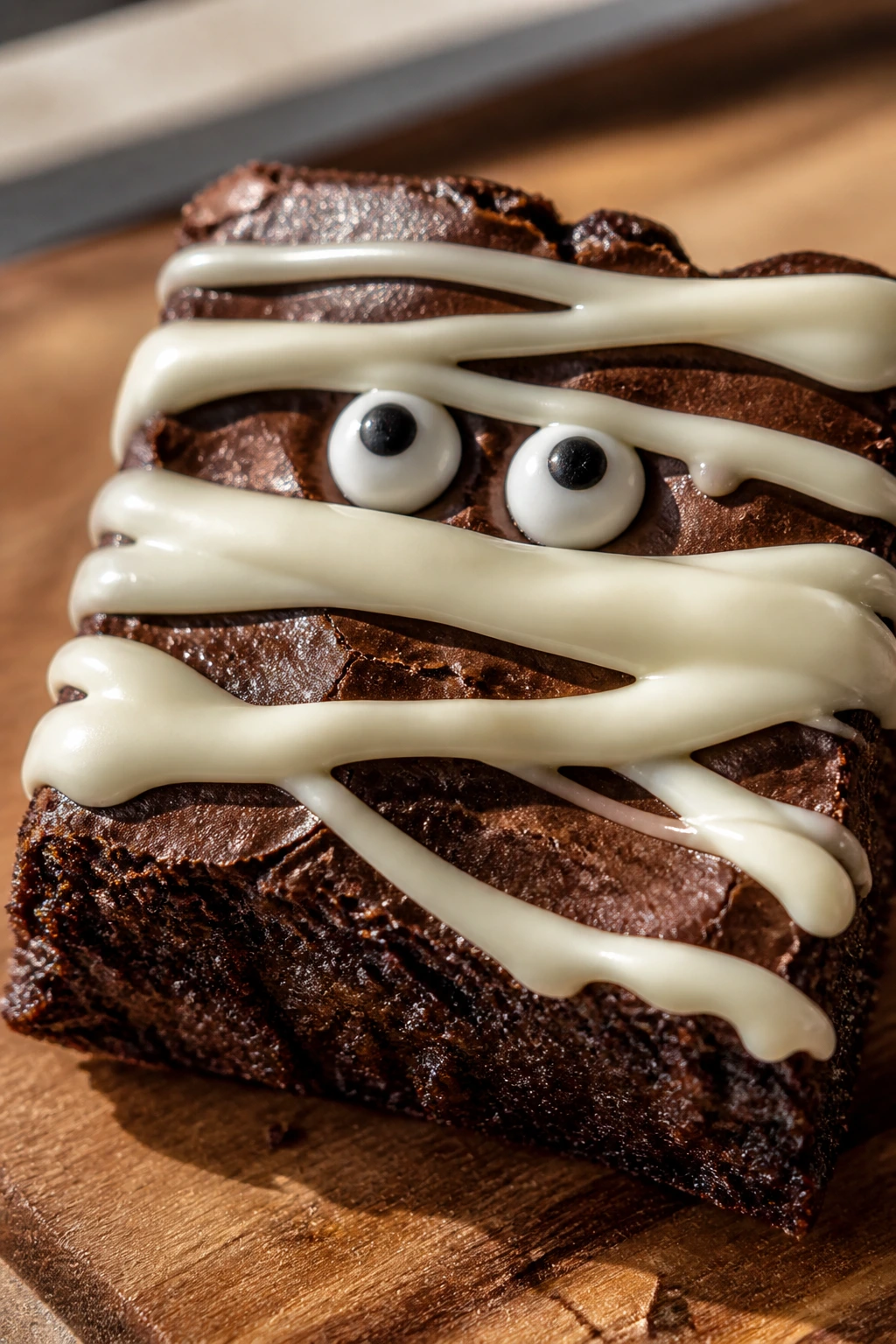 Dense fudgy mummy brownie with glossy crust and bandages on a wooden board