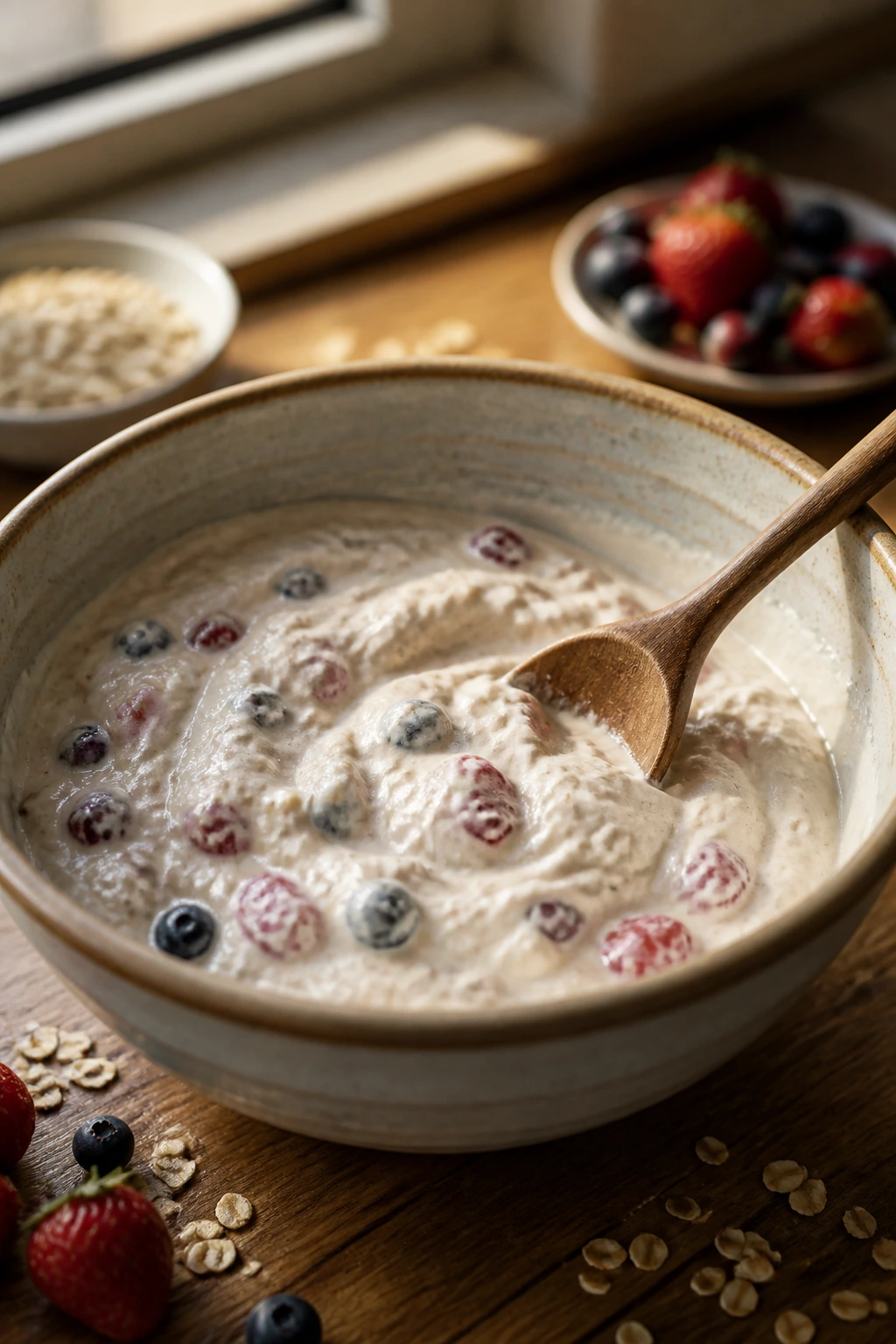 Close-up of a single bowl with creamy protein dessert on a wooden kitchen counter
