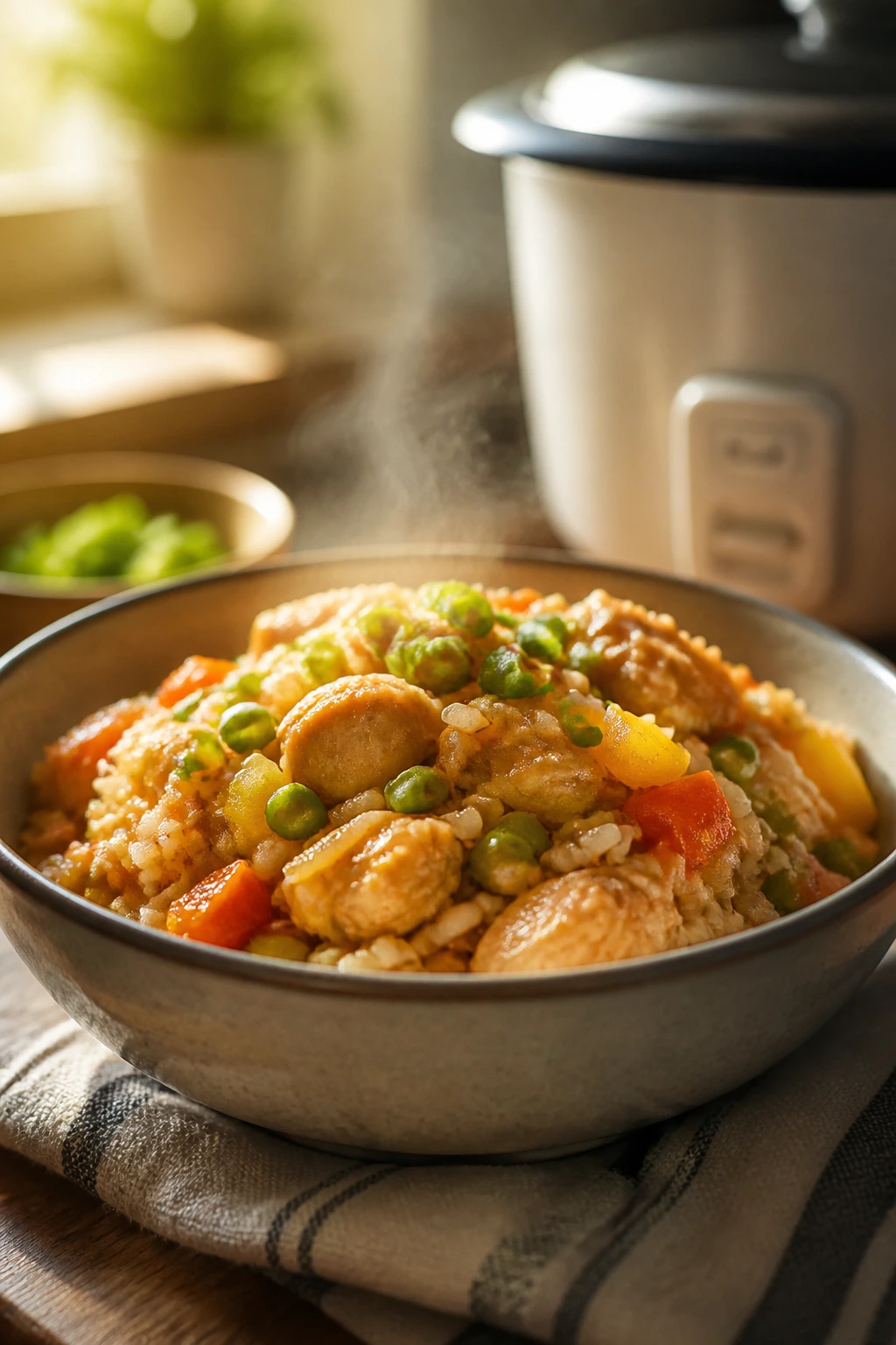 Close-up of a steaming one-bowl rice cooker dinner in a warm kitchen