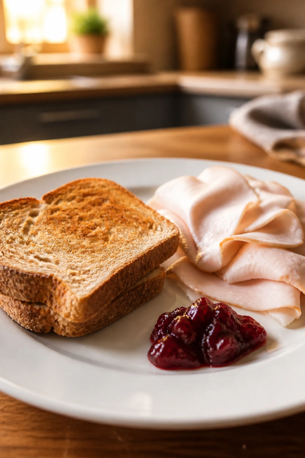 Close-up of a plate with toast, turkey slices, and a dab of jam in a warm kitchen