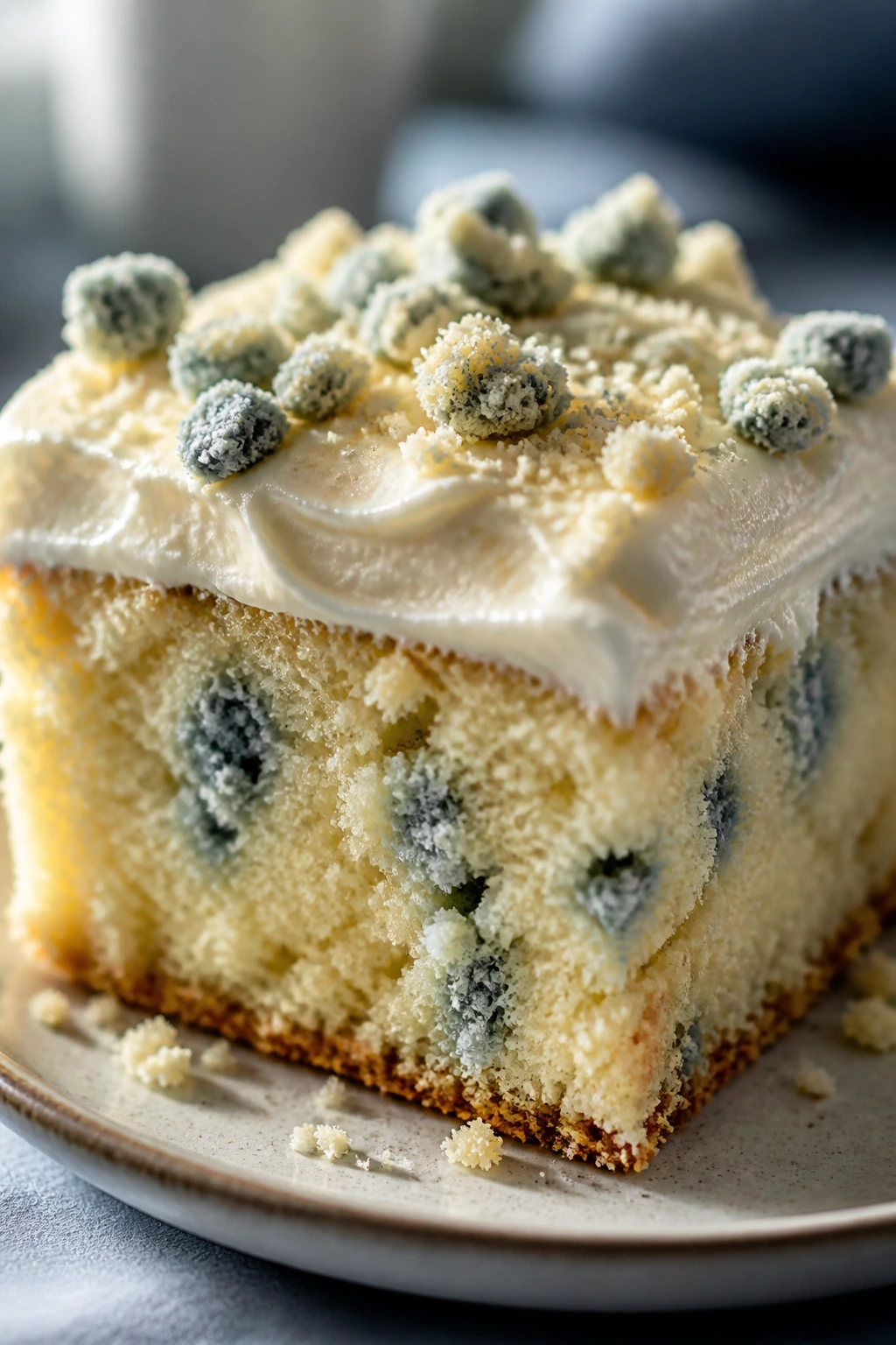 Close-up of a single square slice of blue cheese crumble cake on a plate