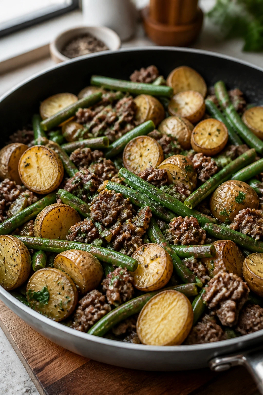 Skillet with beef, potatoes and green beans in a single-pan dinner