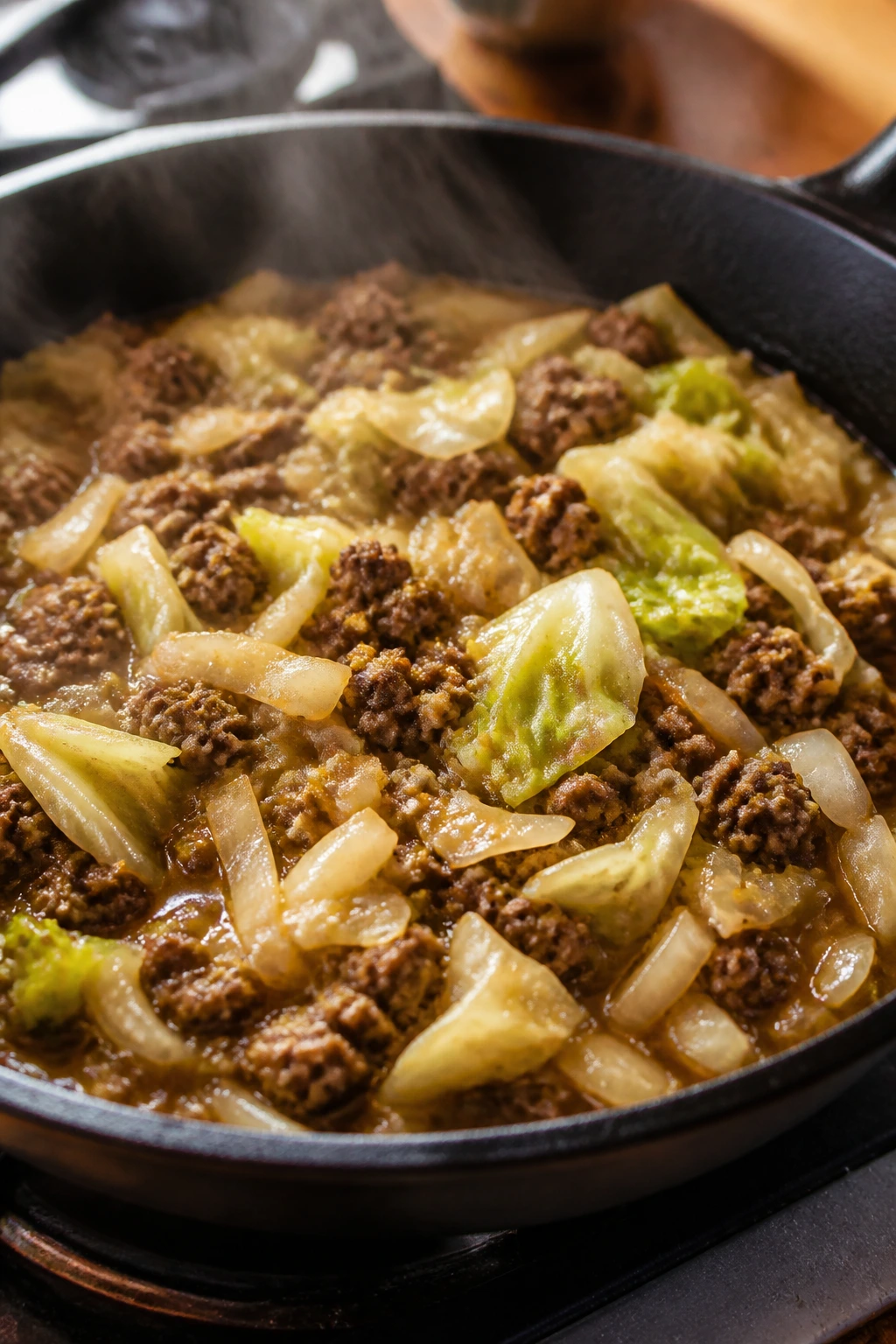 Close-up of a one-pan beef skillet with cabbage and onions cooking in a warm kitchen.