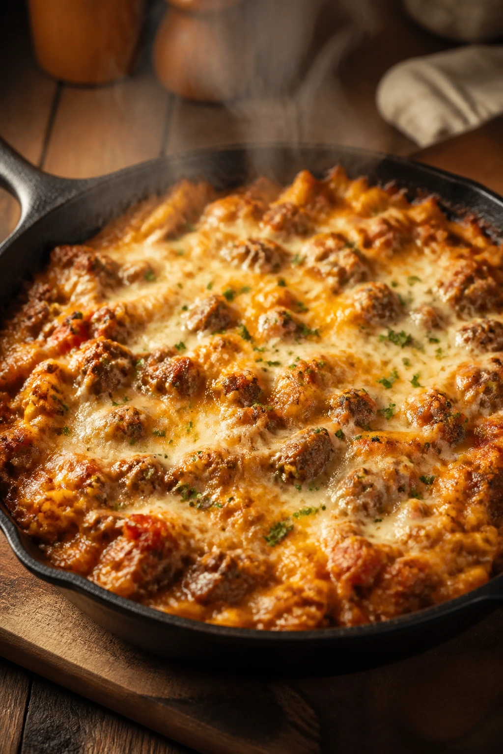 Cast-iron skillet with a one-pan casserole steaming on a kitchen counter