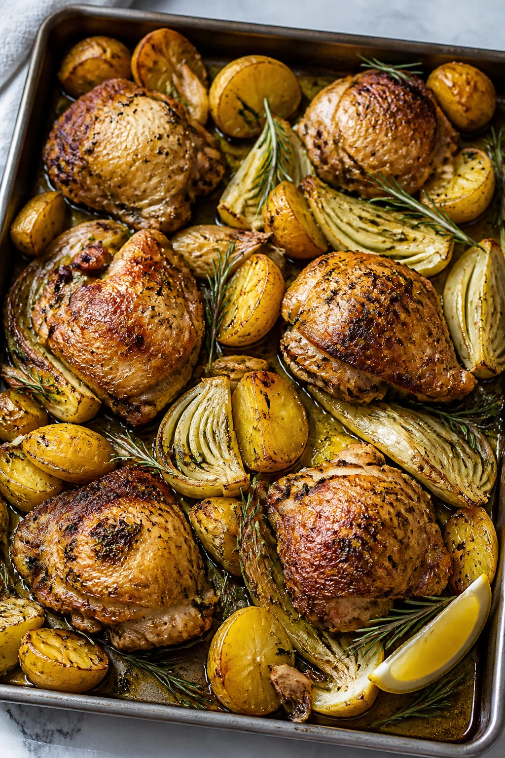 Sheet pan with garlic chicken, potatoes and fennel