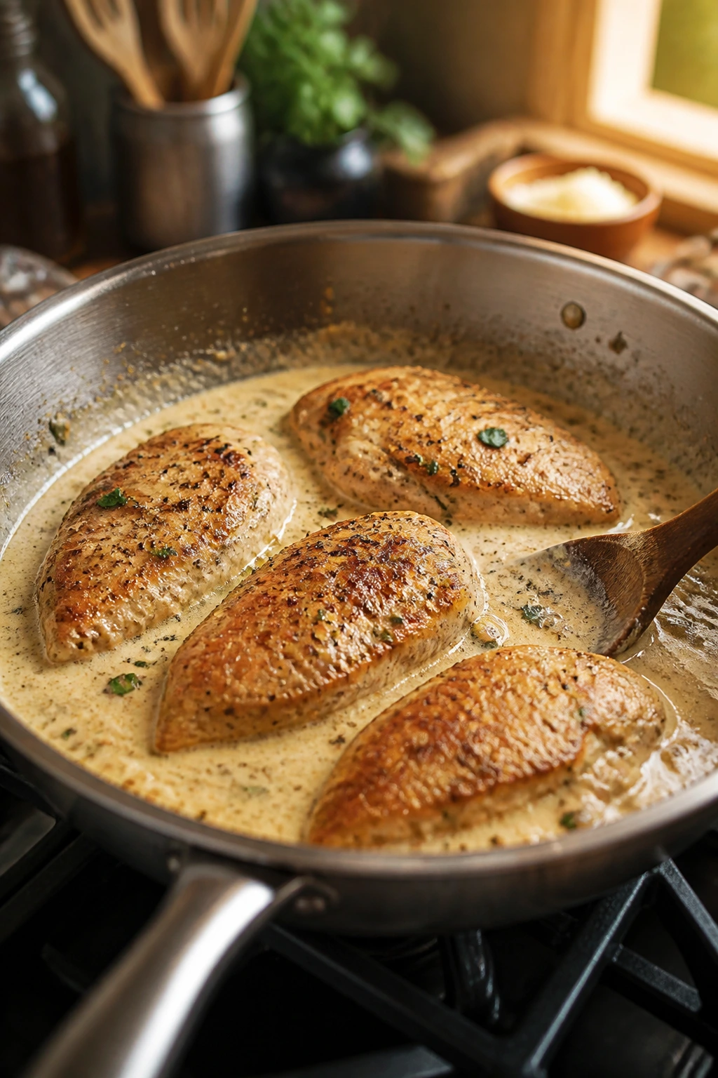 Skillet with seared chicken and creamy sauce on stove