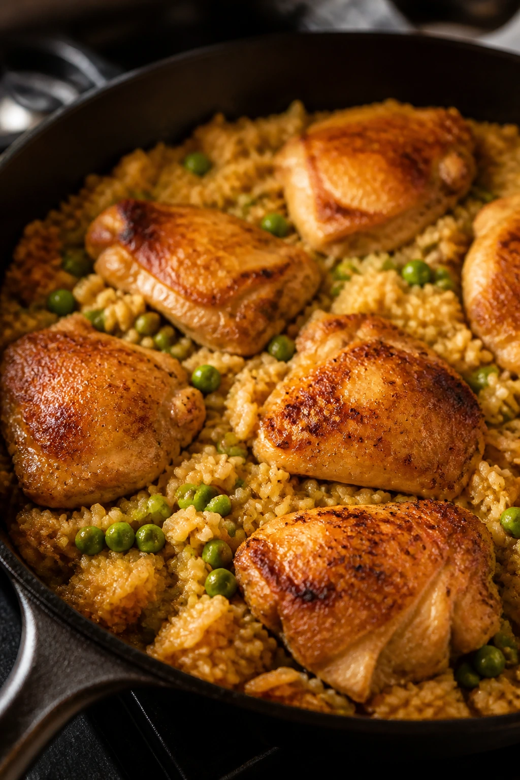 Skillet with one-pan chicken and rice