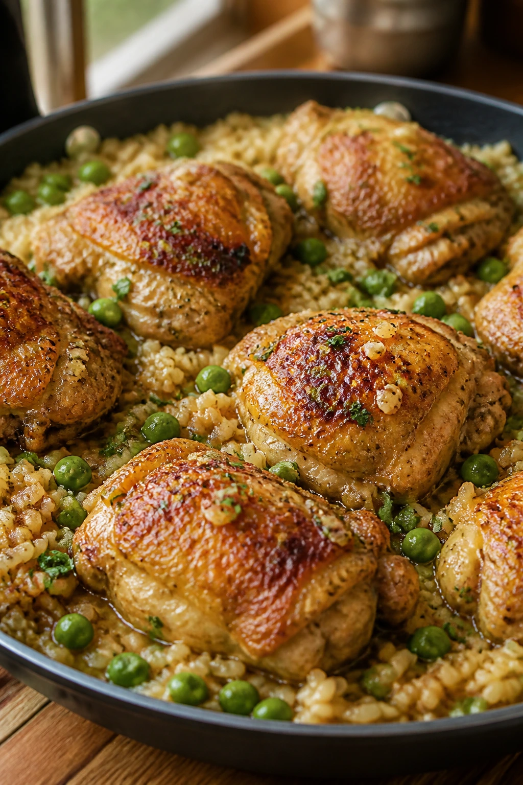 Close up of chicken with rice and peas cooking in a skillet
