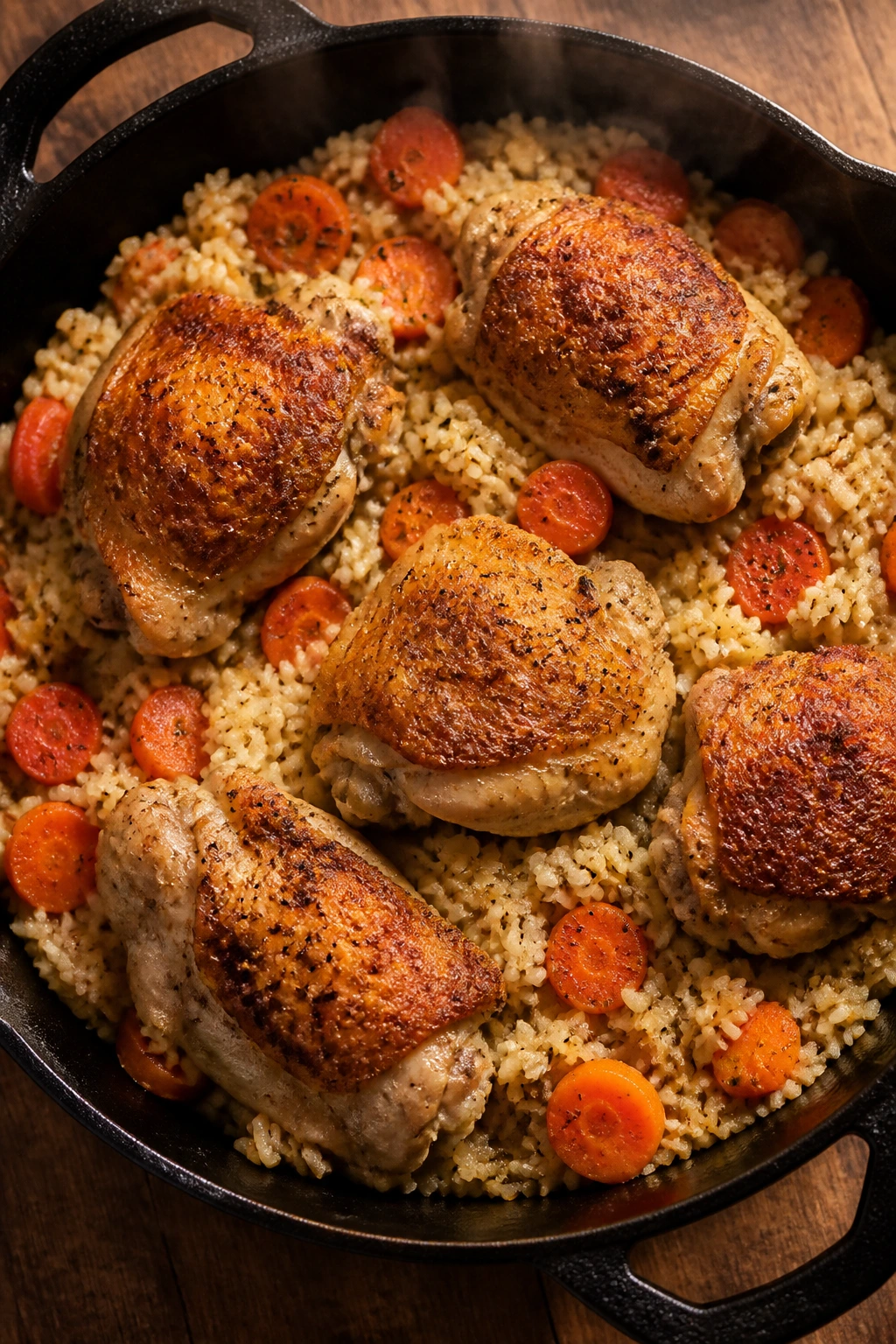 Skillet with chicken, rice, and carrots filling frame