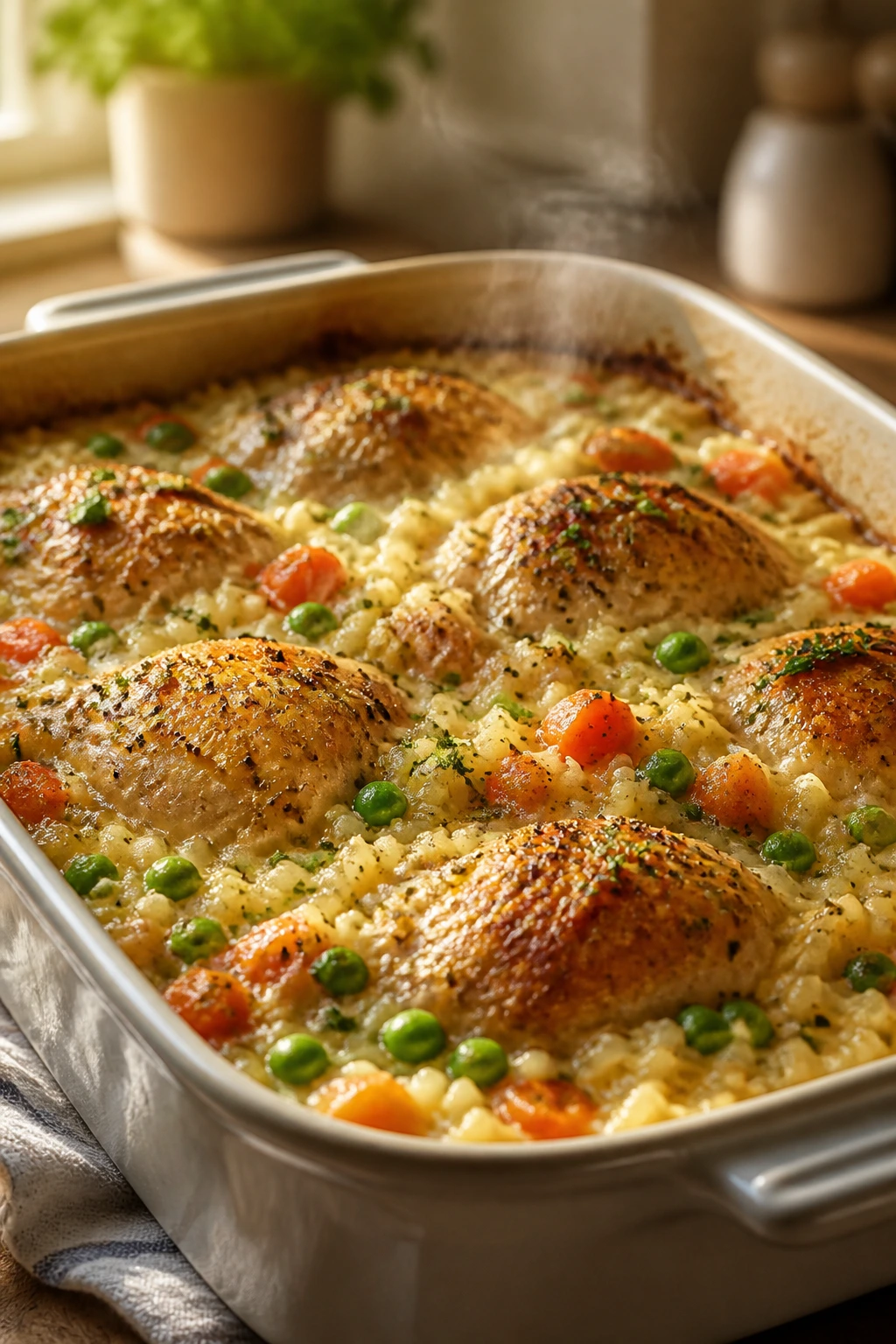 One-pan chicken and rice casserole in a baking dish