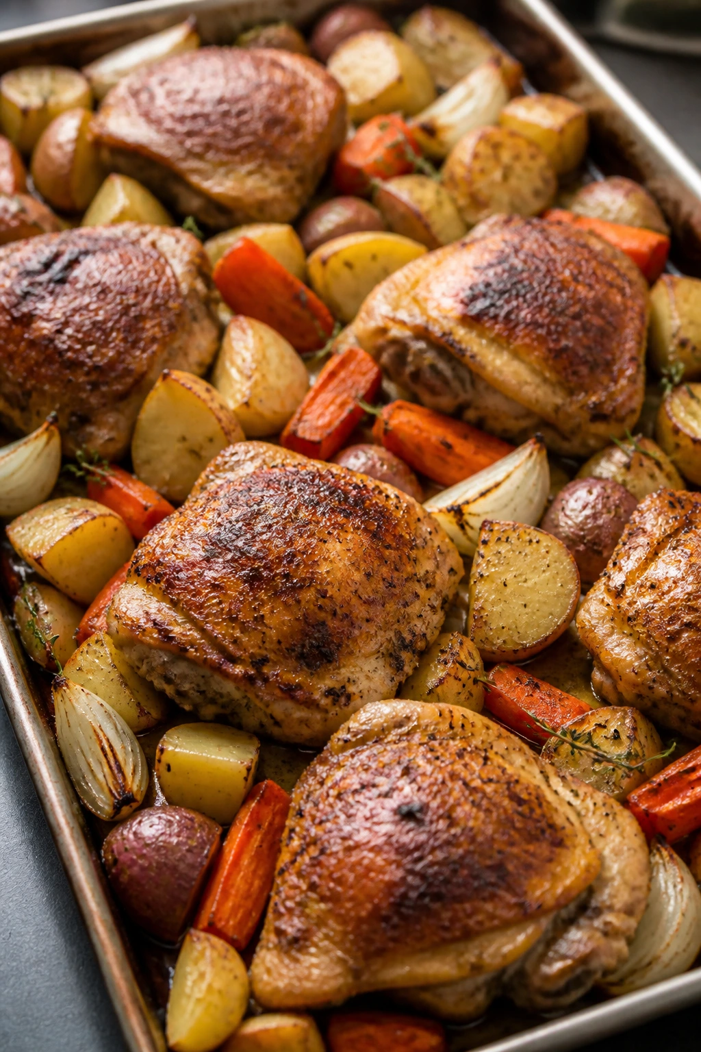 Crispy-skinned chicken thighs with roasted root vegetables on a sheet pan