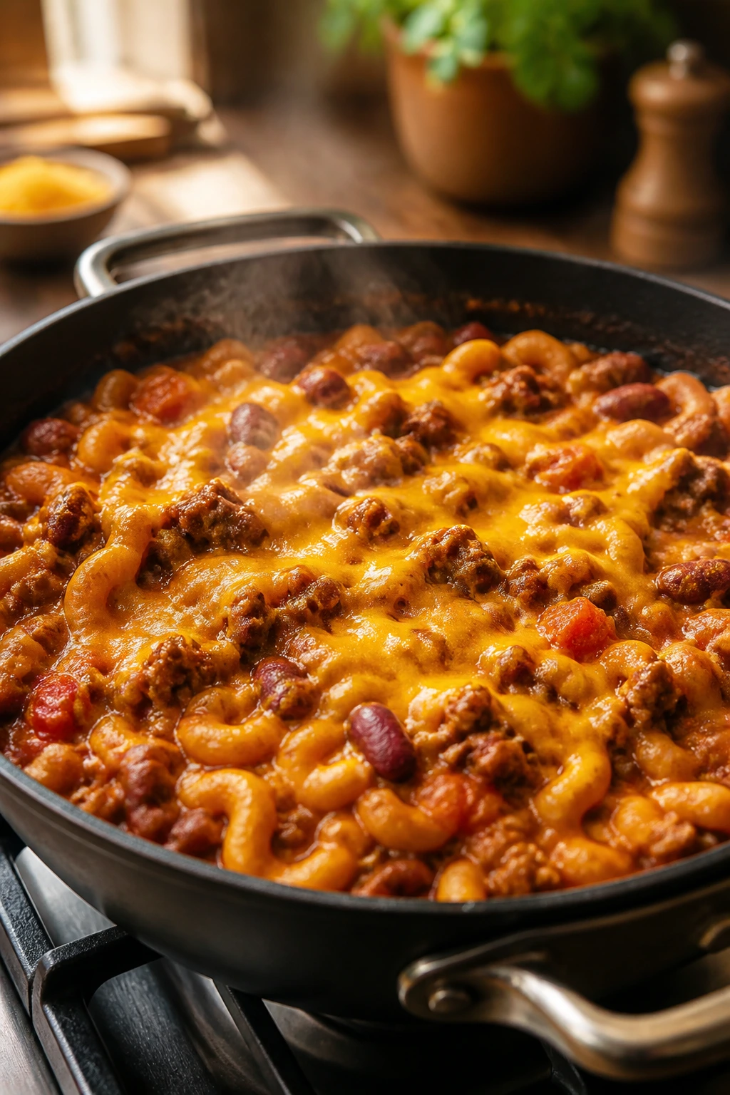 Skillet of chili mac bubbling with cheese in a home kitchen.