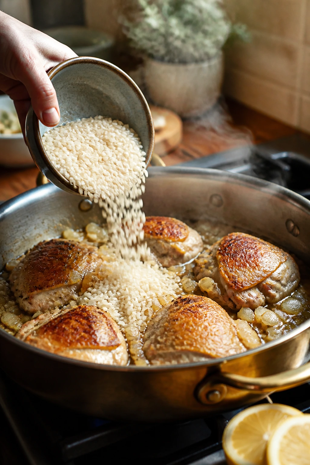One-pan cooking steps with chicken, onions, and rice