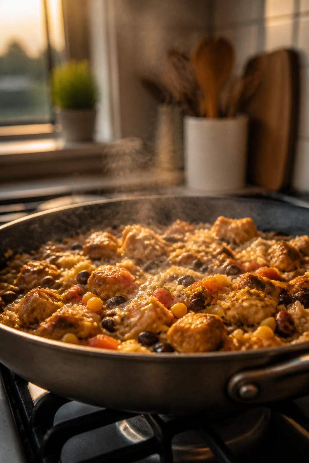Skillet with one-pan dinner simmering on stove in kitchen