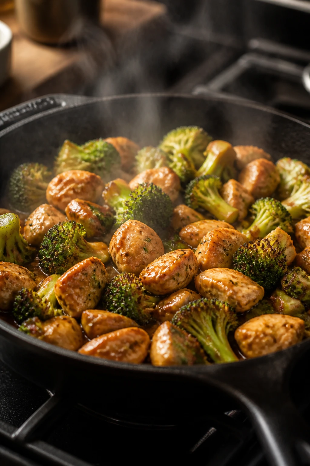Skillet dinner with broccoli and chicken on a stove in a cozy kitchen