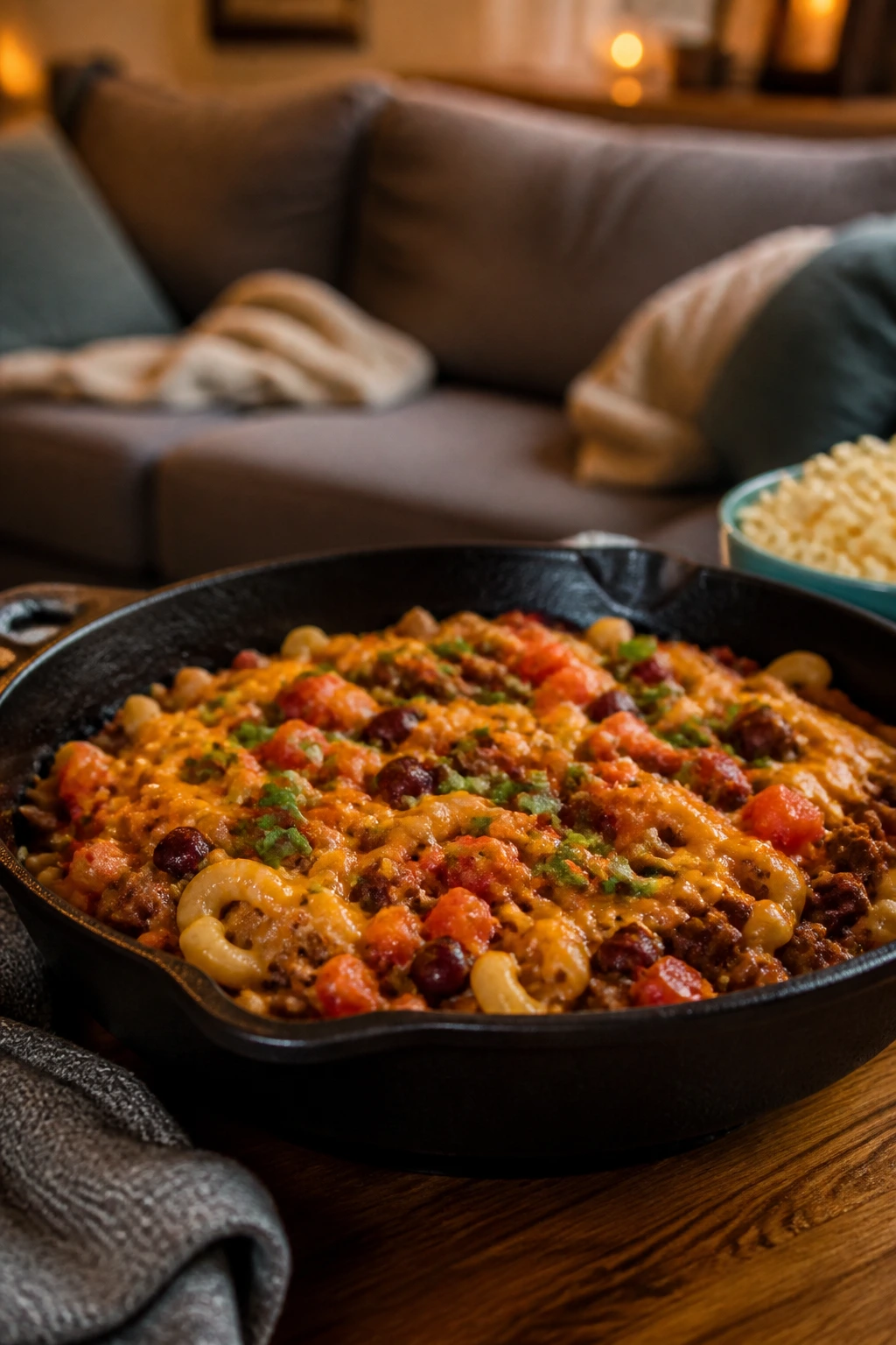 Cast-iron skillet with colorful one-pan dinner on a living room coffee table