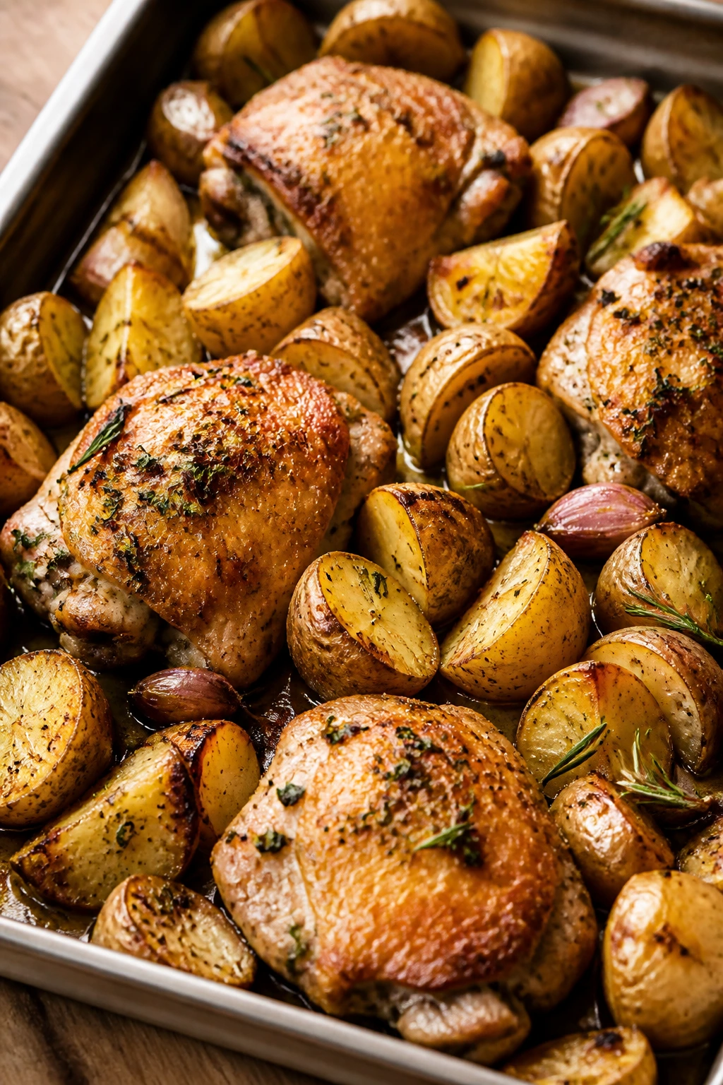 Close-up of a simple sheet-pan dinner with chicken and potatoes in a warm kitchen