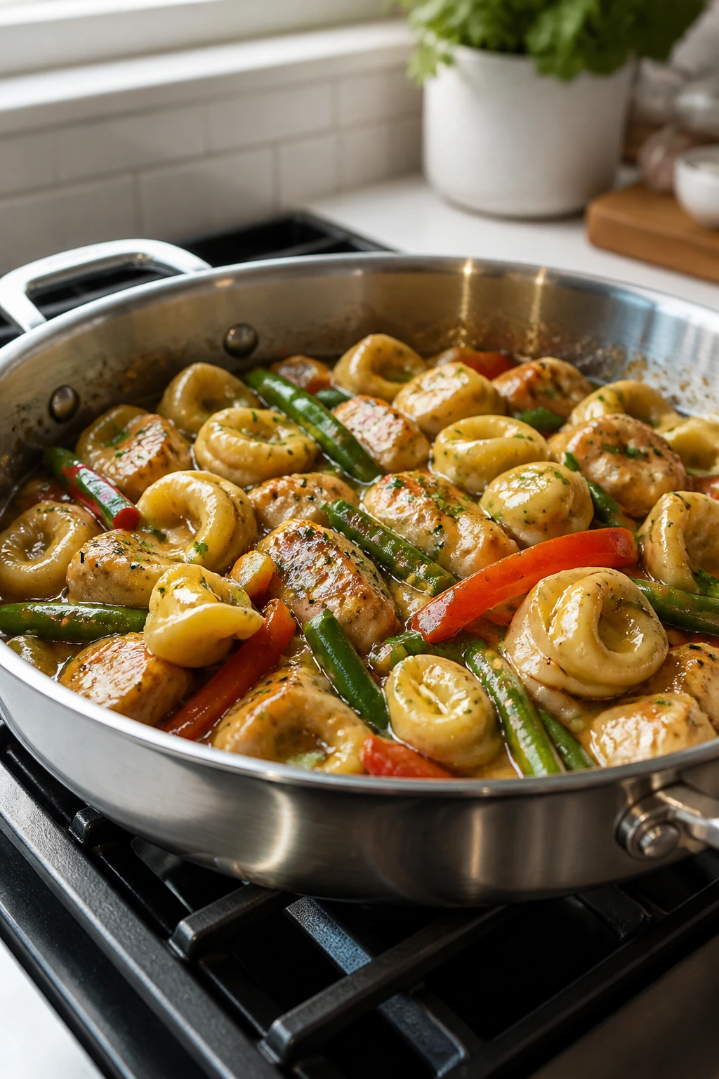 Close-up of a colorful one-pan dinner in a skillet in a warm kitchen