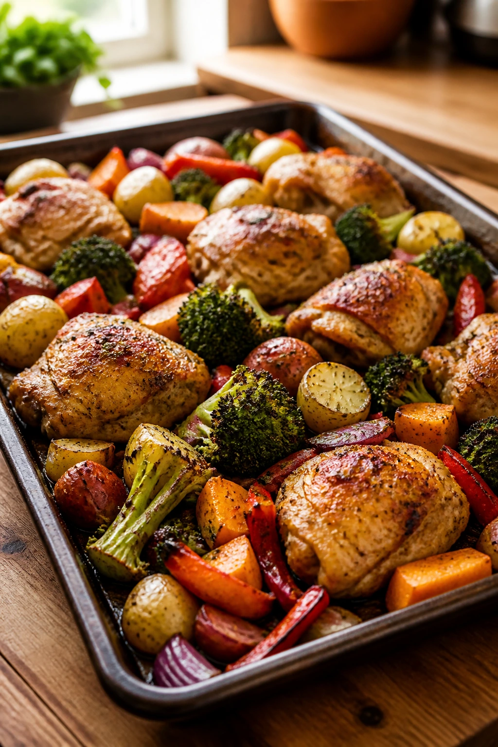 Sheet-pan dinner with roasted vegetables and chicken on a wooden counter