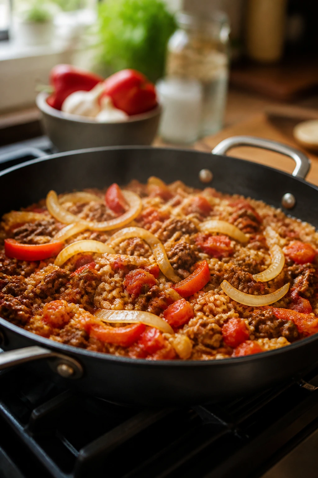 Close-up of a one-pan dinner cooking in a skillet on a stove