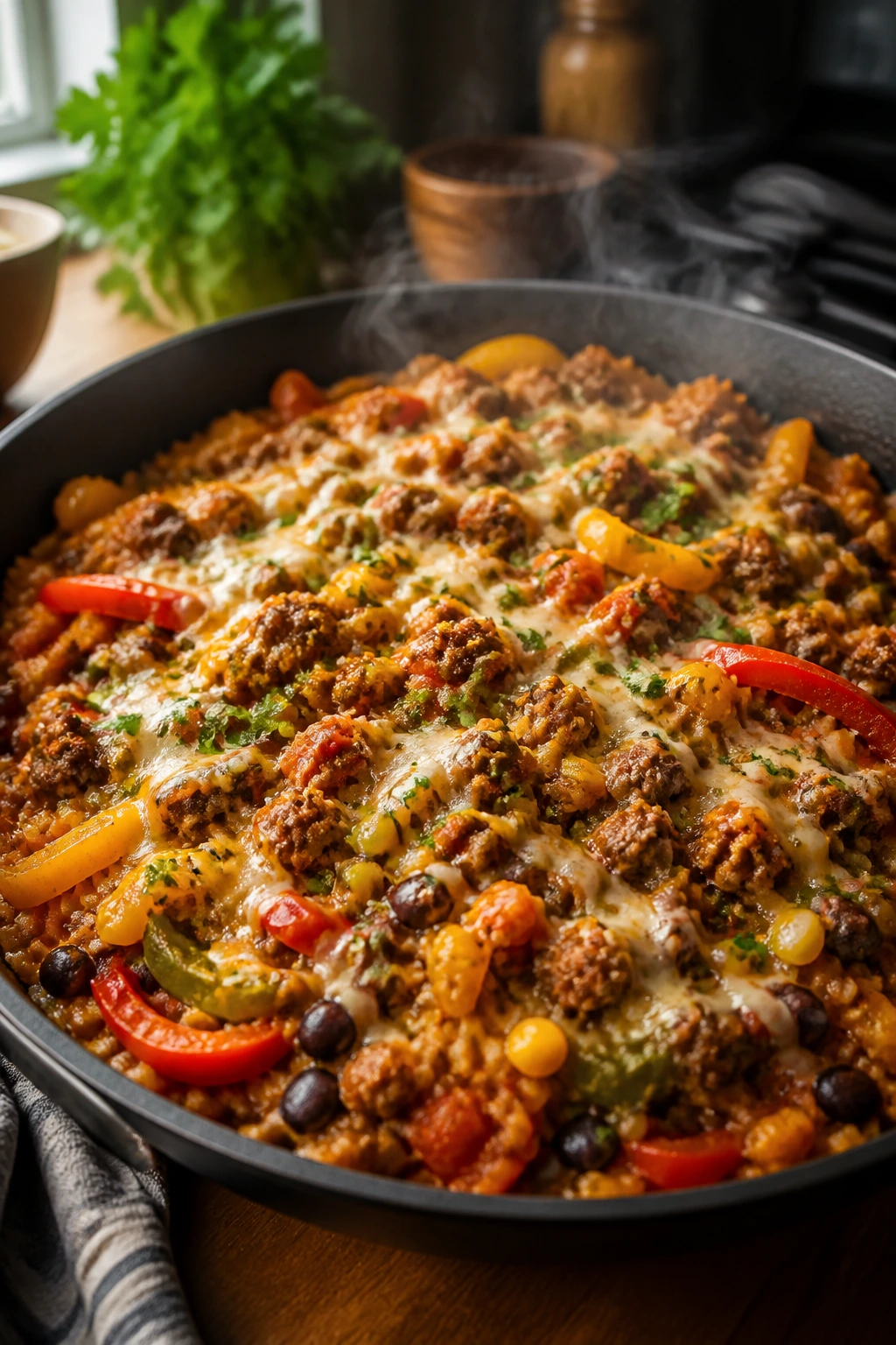 Skillet dinner showcasing one-pan meal in a bright kitchen