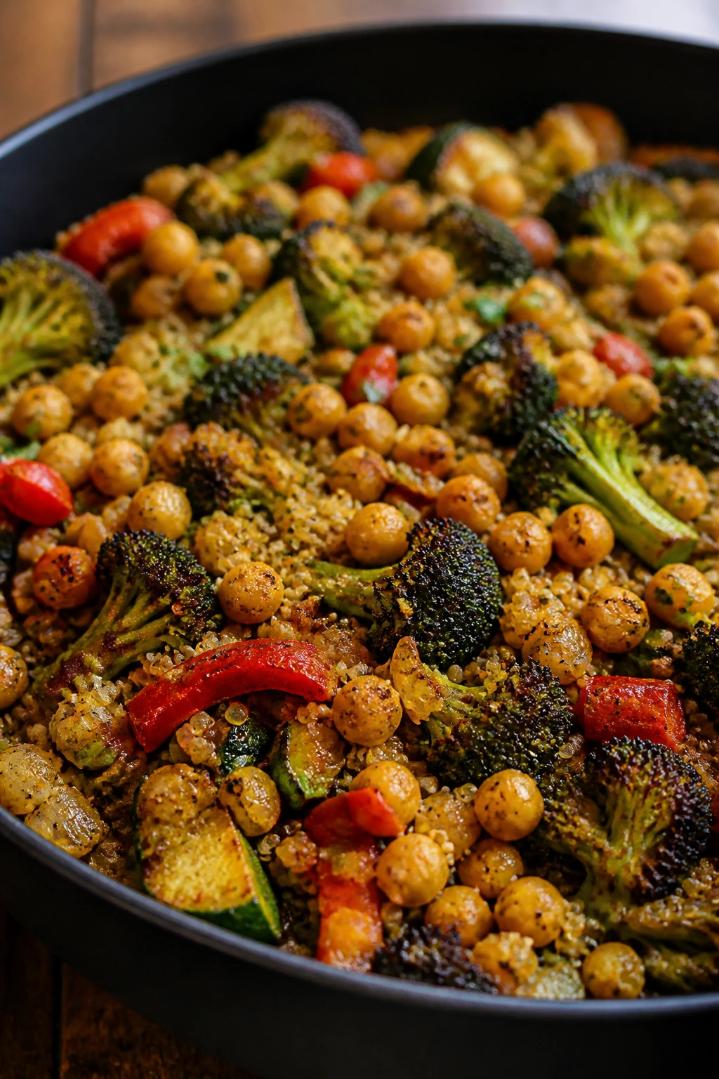One-pan vegetarian dinner in a skillet showing vegetables and grains