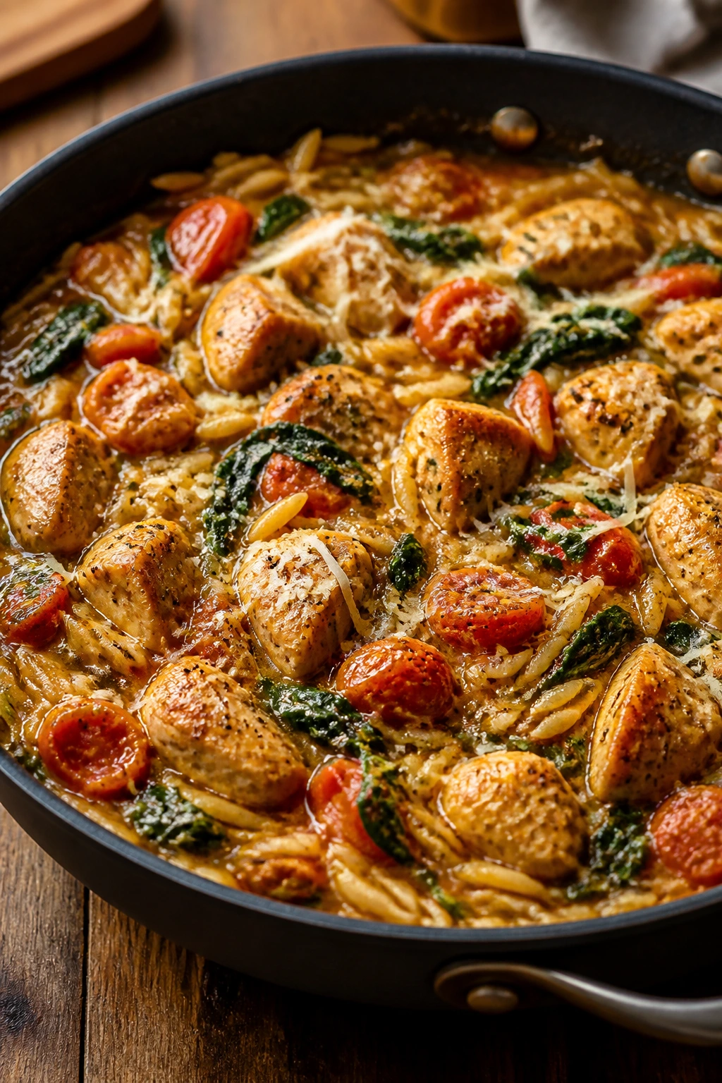 Skillet of orzo with chicken and tomatoes