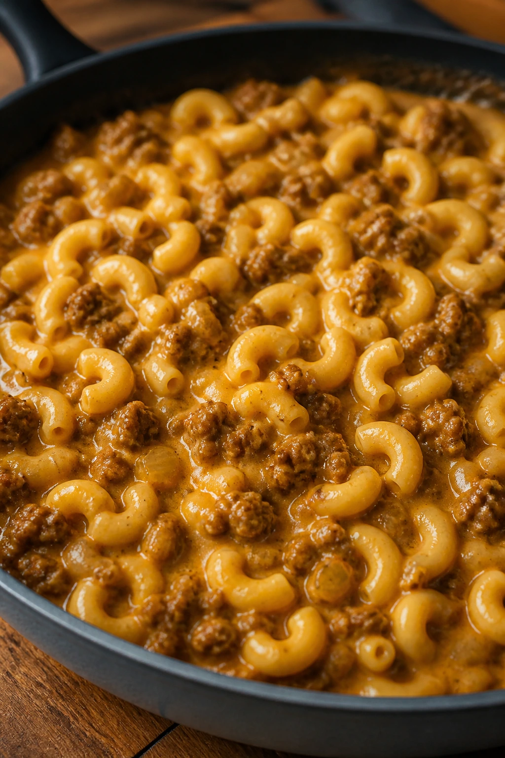 Close-up of cheeseburger pasta in a skillet with beef, onion, and cheddar