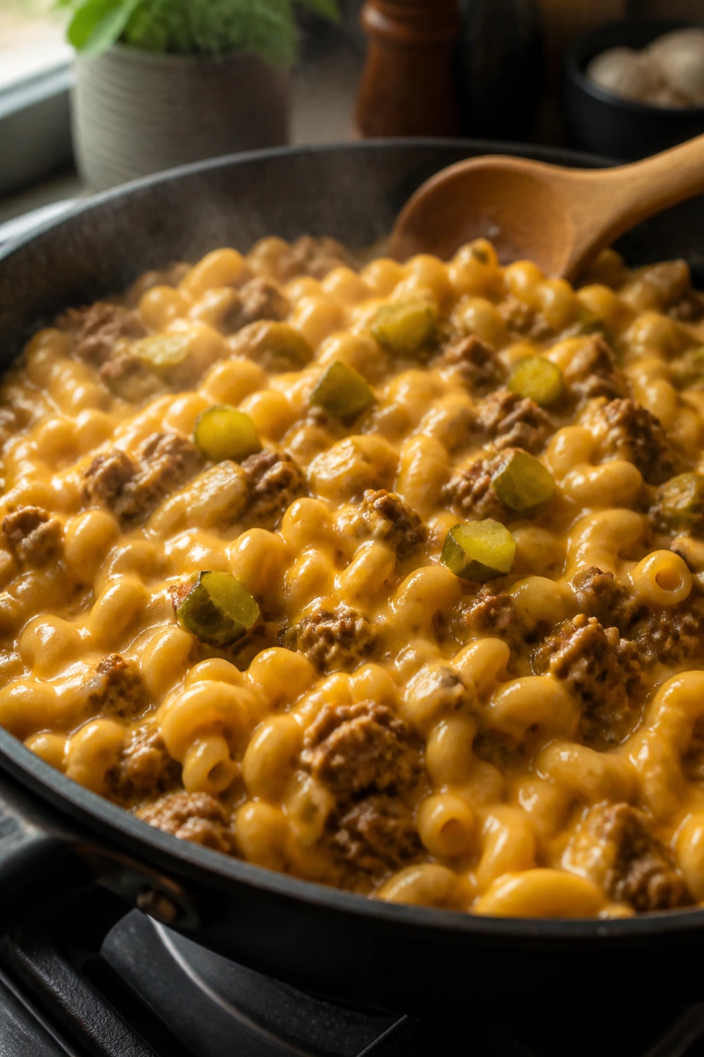 Skillet of one-pan cheeseburger pasta with beef, pasta, and cheddar