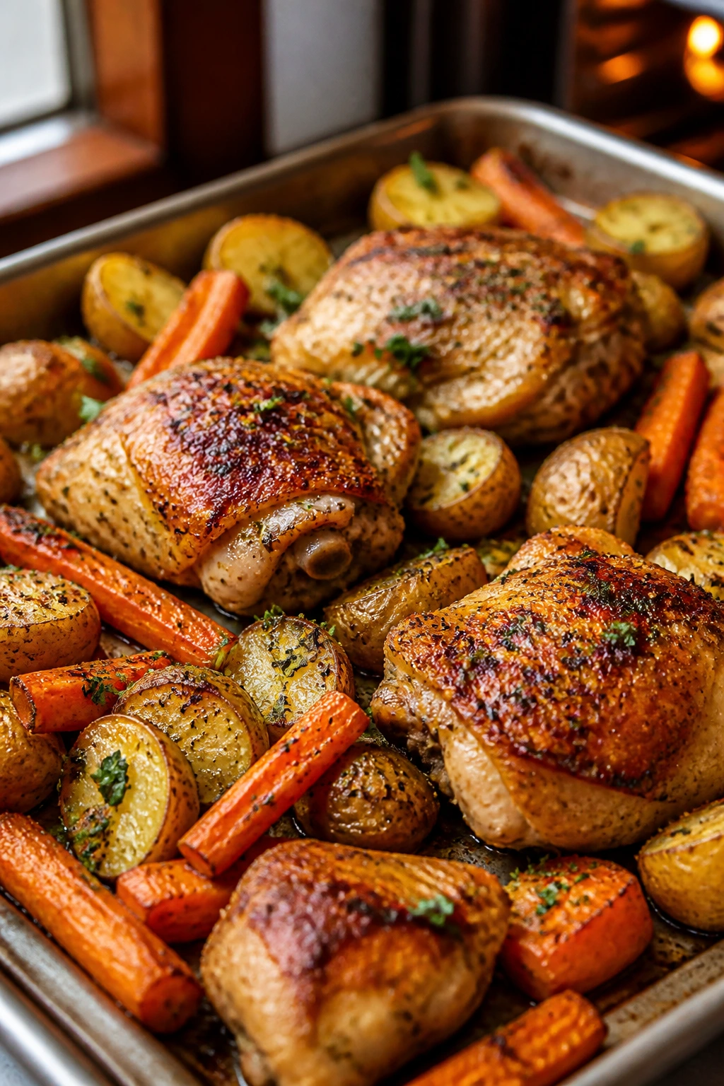 Close-up of a one-pan roasted chicken with potatoes and carrots, showing a garlic-Parmesan crust on potatoes in a home kitchen