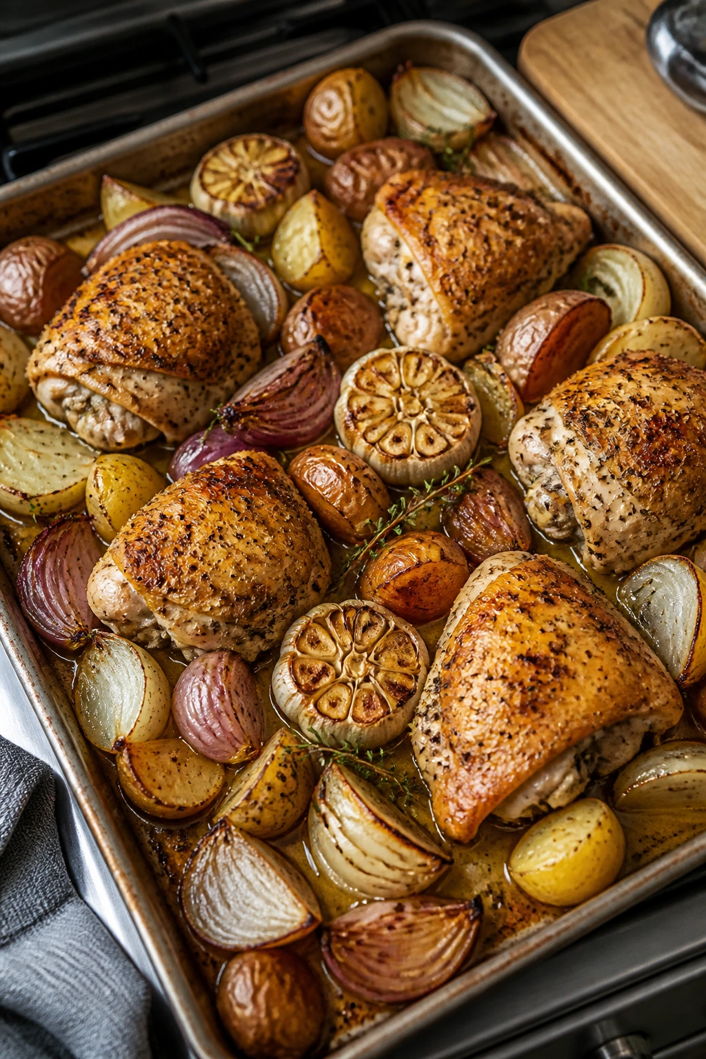 One-pan roasted garlic chicken with potatoes and garlic on a sheet pan