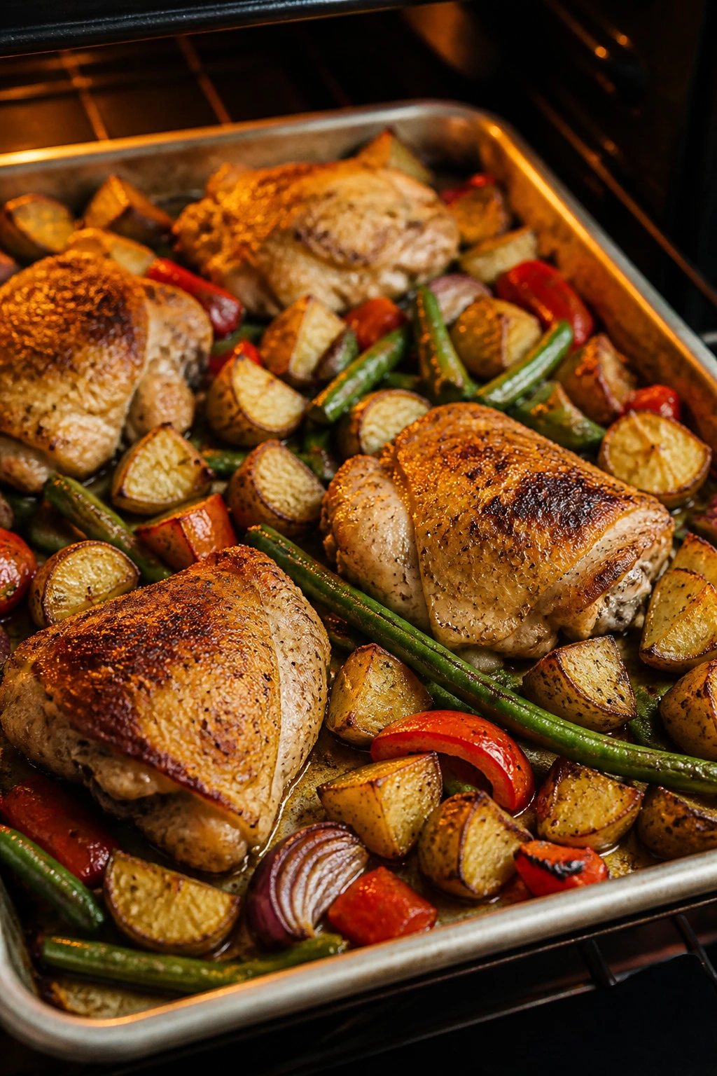 One-pan sheet-pan roasted chicken with vegetables on a baking sheet