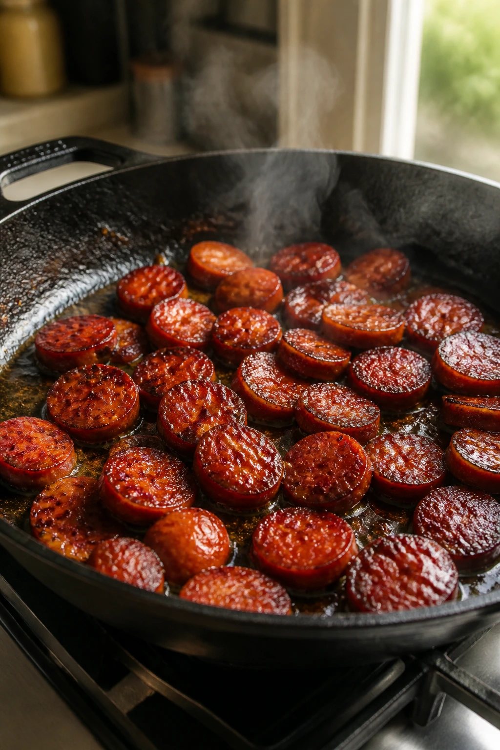 Skillet with browned sausage coins and glossy glaze
