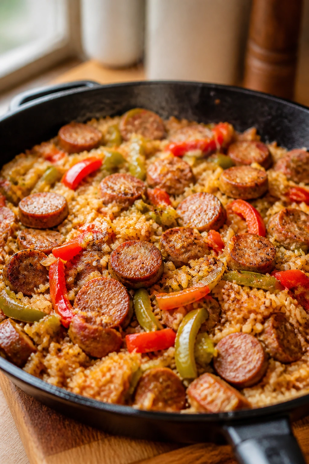 Close-up of one-pan sausage, peppers, and rice in a skillet