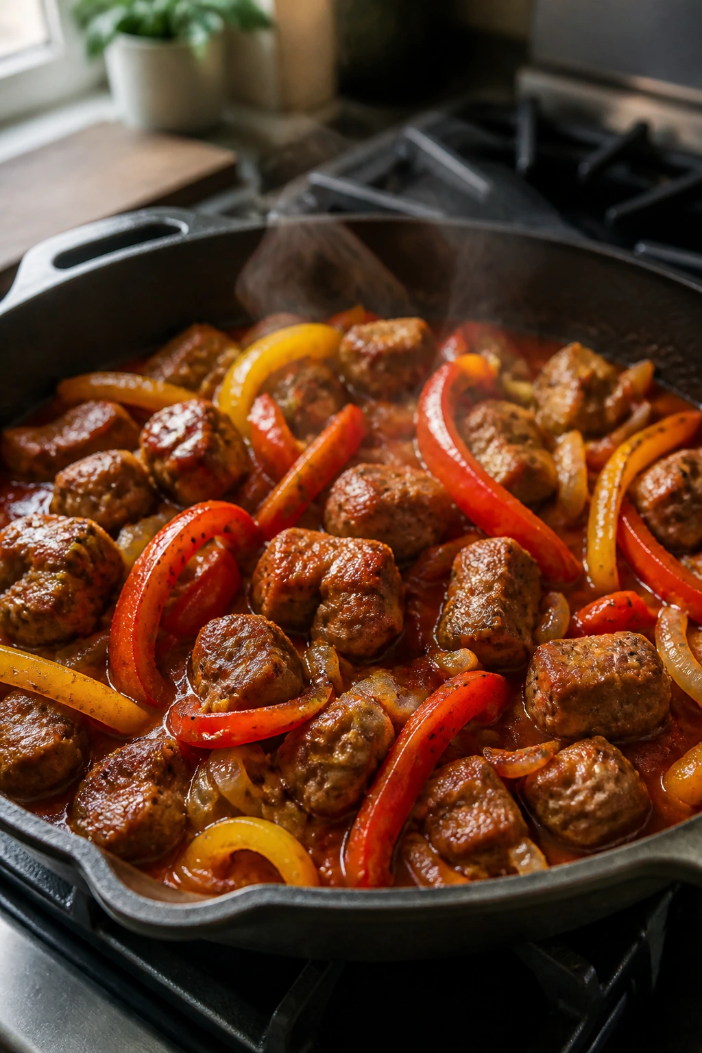 Close-up of one-pan sausage and peppers dish in a skillet.