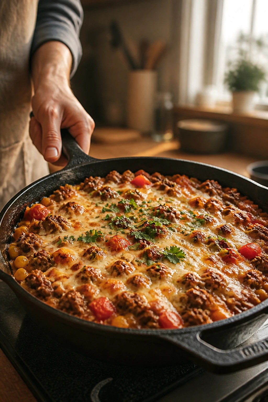 Hand holding a hot skillet with a baked dinner in a kitchen