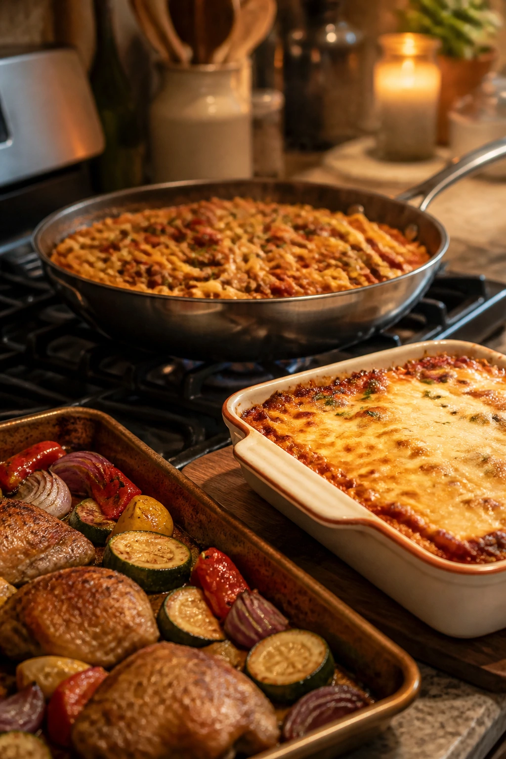 Hero cookware scene with skillet, baking dish, and sheet pan in a cozy kitchen